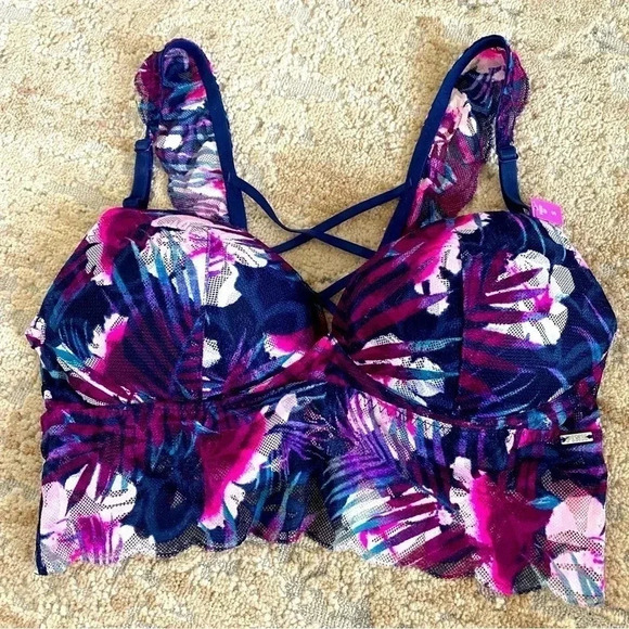 PINK Victoria’s Secret NWT Push Up Bra Blue Pink Lace Long Line Floral: Small - Picture 1 of 9
